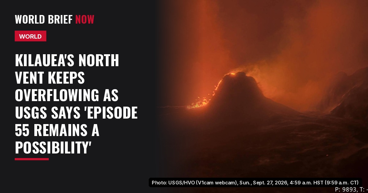 USGS V1cam webcam view of Halemaʻumaʻu crater at Kilauea's summit from the crater's northwest rim before dawn Sept. 27, 2026, showing glowing lava on the crater floor amid steam and clouds.
