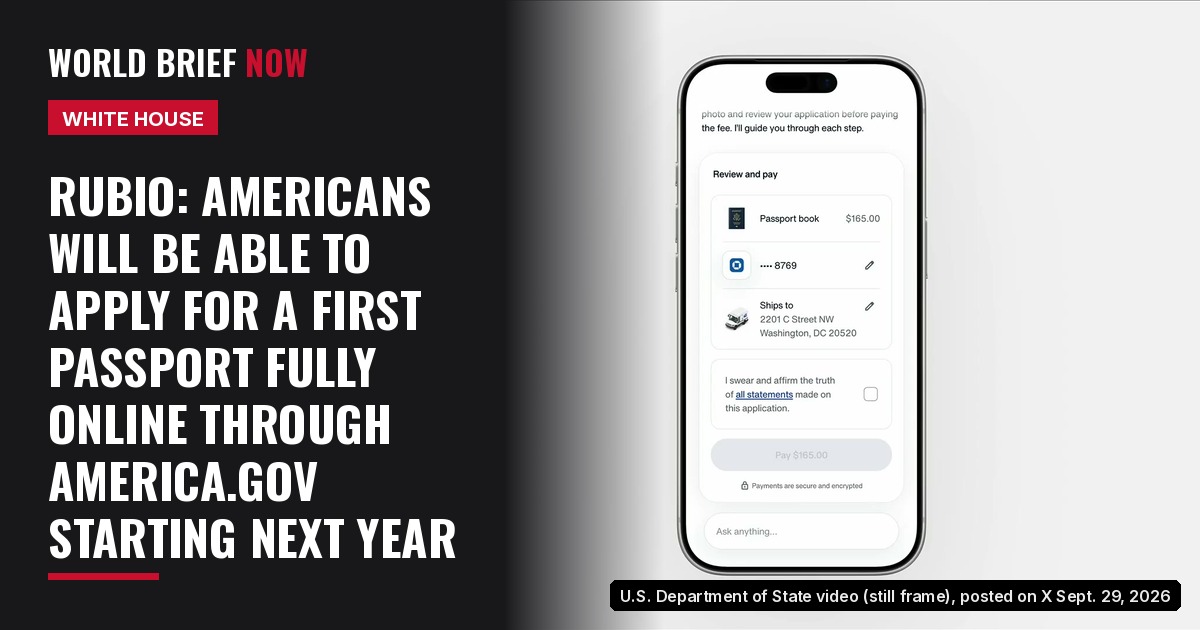 A phone screen from the State Department's America.gov demonstration showing a “Review and pay” step for a passport book at $165.00, a card ending in 8769, a Washington, D.C., shipping address and an unchecked box to swear to the truth of the application.