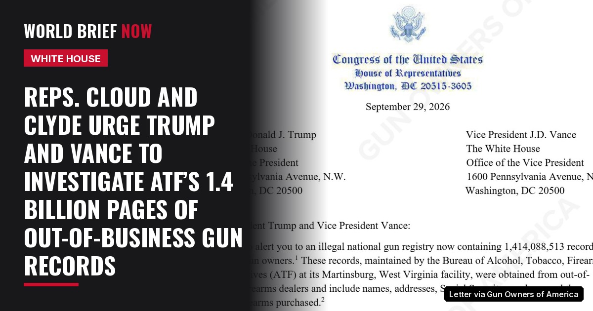 The top of the first page of the Sept. 29, 2026, letter on U.S. House of Representatives letterhead, addressed to President Donald J. Trump and Vice President J.D. Vance, with its opening paragraph about 1,414,088,513 records. A faint “Gun Owners of America” watermark crosses the page.