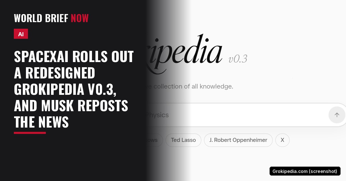 The top of the Grokipedia.com homepage on Sept. 30, 2026: the Grokipedia wordmark with “v0.3” beside it, the line “An open, comprehensive collection of all knowledge,” a search box and a row of trending topics.